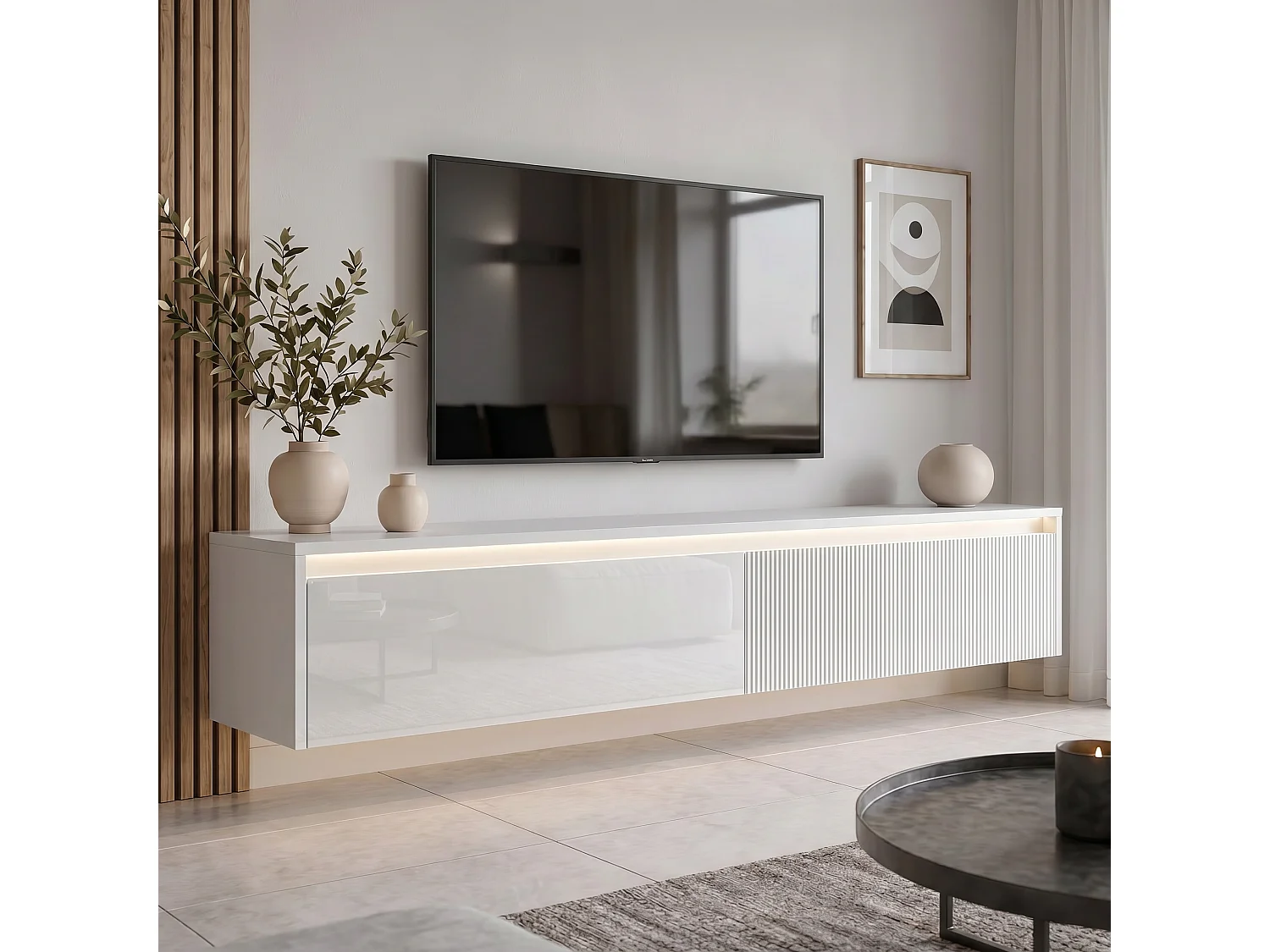 Geriffelter hängender tv-schrank - 170x34x33 cm - weiß hochglanz - LUMI IV