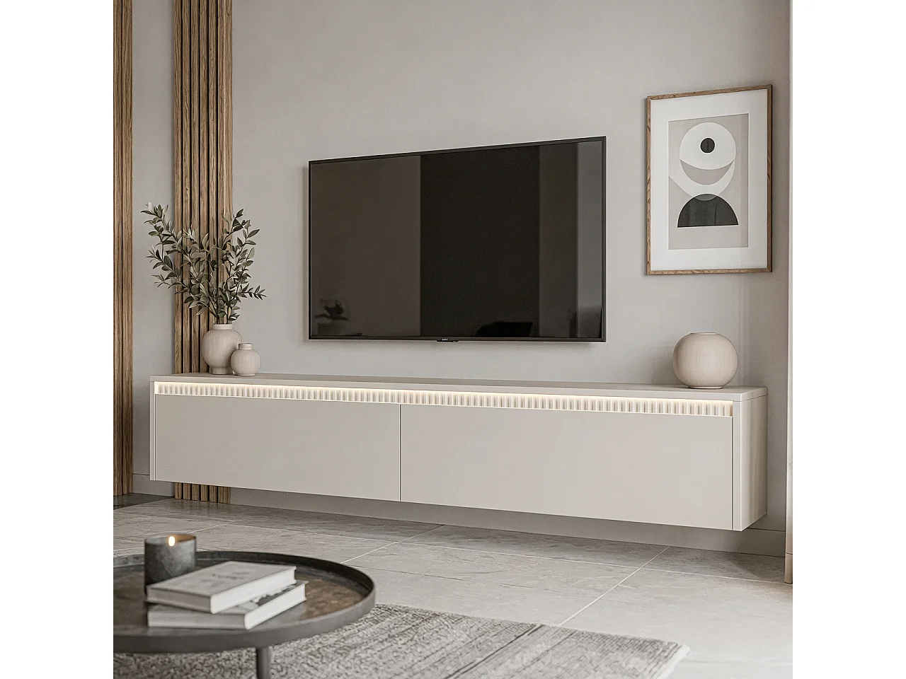 Geriffelter hängender tv-schrank - 170x34x33 cm - kaschmir - LUMI II