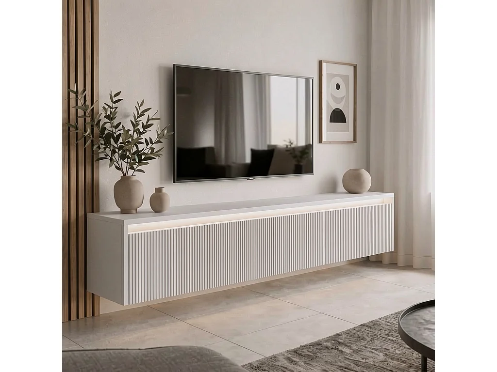 Geriffelter hängender tv-schrank - 170x34x33 cm - weiß matt - LUMI III