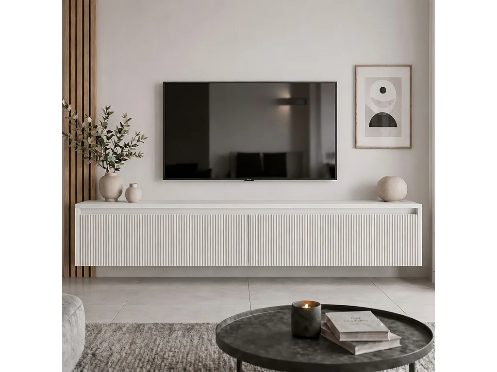 Geriffelter hängender tv-schrank - 170x34x33 cm - weiß matt - LUMI III