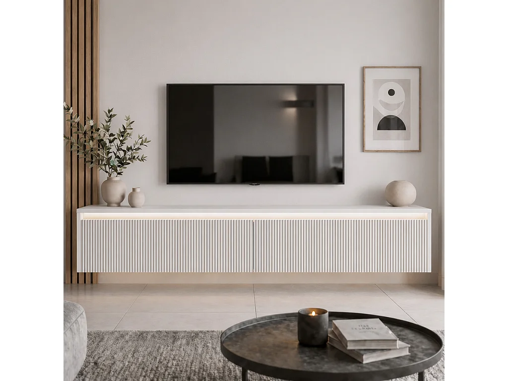 Geriffelter hängender tv-schrank - 170x34x33 cm - weiß matt - LUMI III