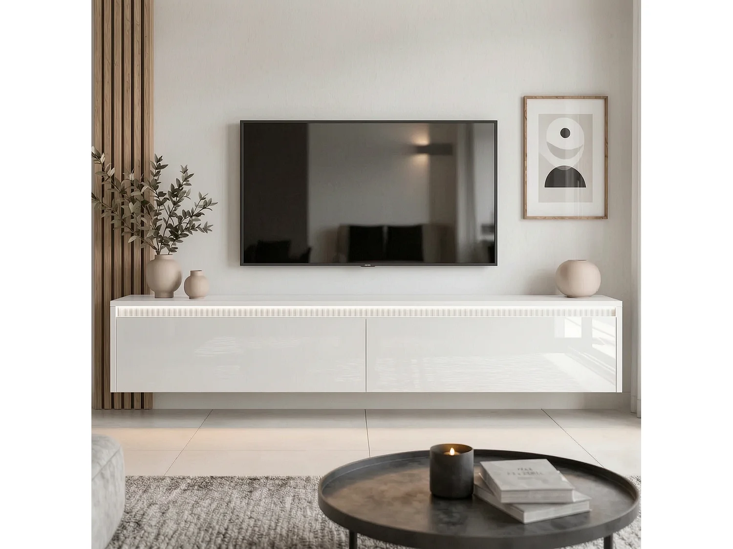Geriffelter hängender tv-schrank - 170x34x33 cm - weiß hochglanz - LUMI II