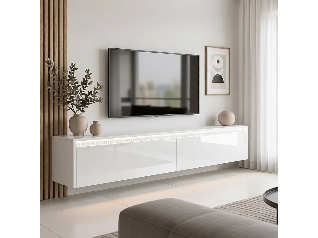 Geriffelter hängender tv-schrank - 170x34x33 cm - weiß hochglanz - LUMI II