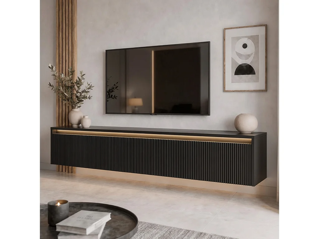 Geriffelter hängender tv-schrank - 170x34x33 cm - schwarz matt - LUMI III