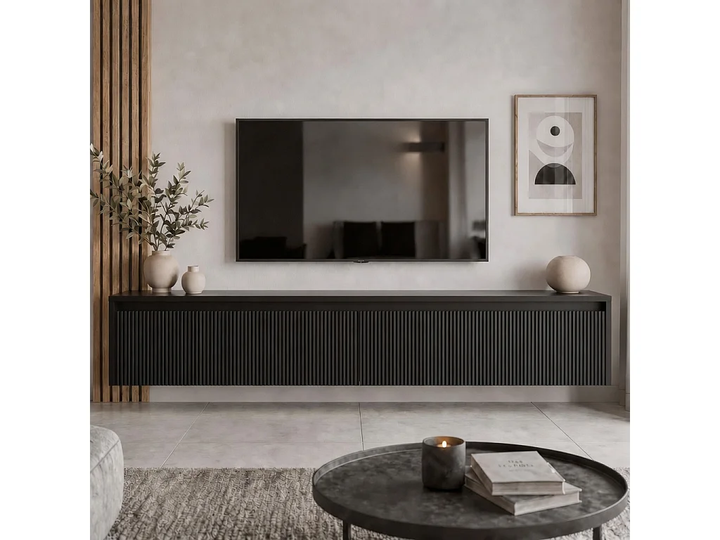 Geriffelter hängender tv-schrank - 170x34x33 cm - schwarz matt - LUMI III