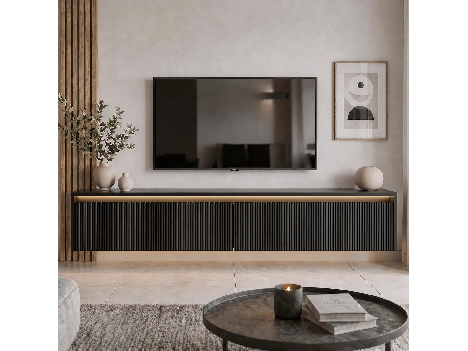 Geriffelter hängender tv-schrank - 170x34x33 cm - schwarz matt - LUMI III