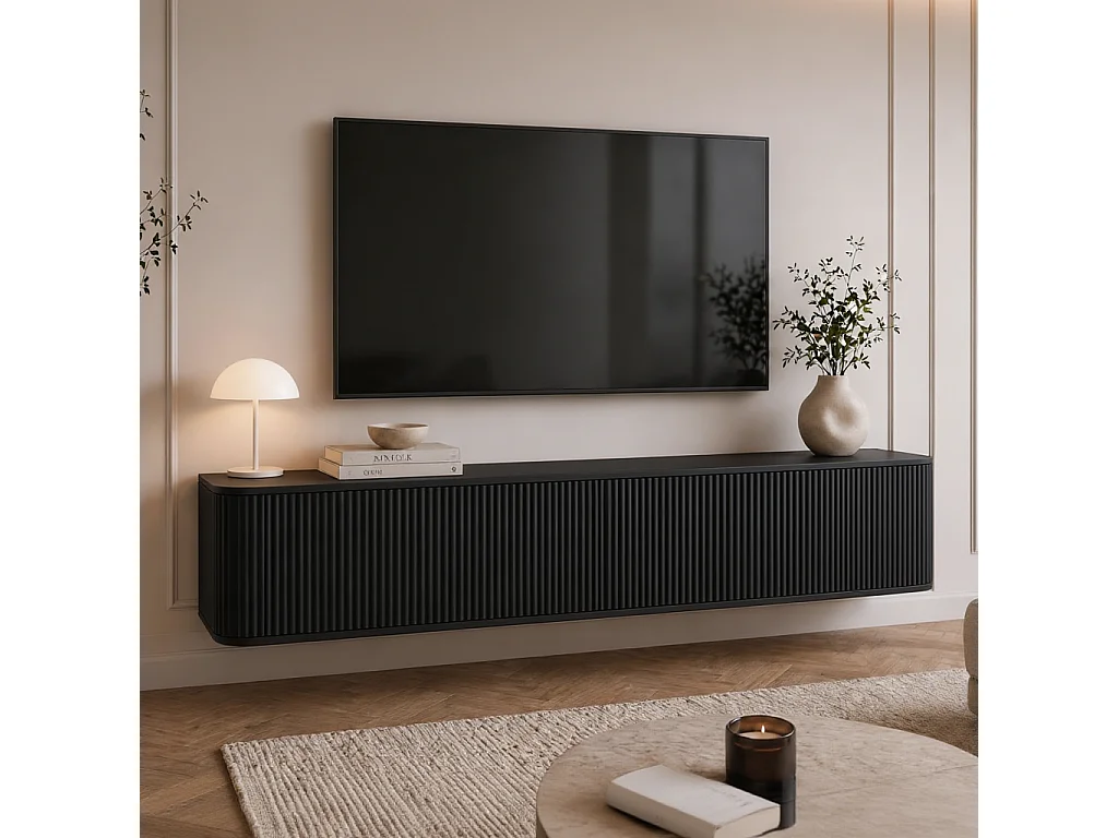 Geriffelter hängender TV-Schrank, 170x34x33 cm, Schwarz Matt DALIA