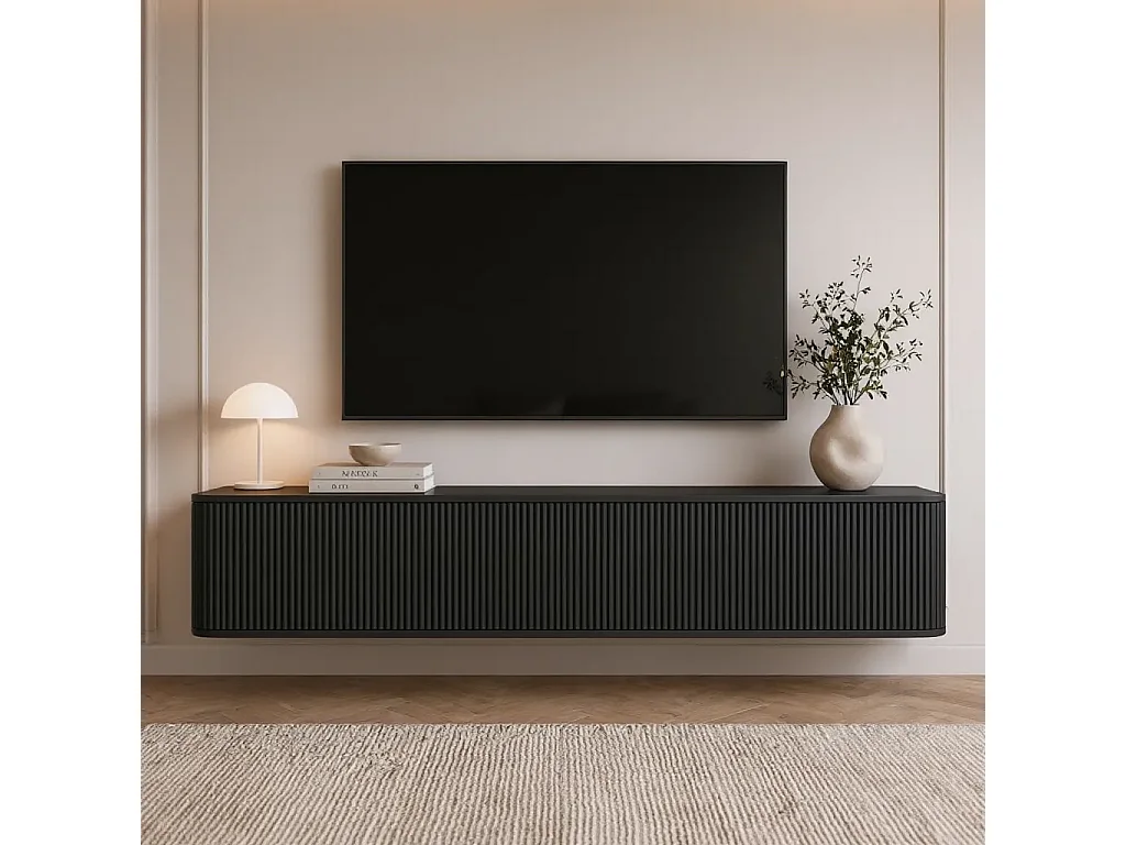Geriffelter hängender TV-Schrank, 170x34x33 cm, Schwarz Matt DALIA