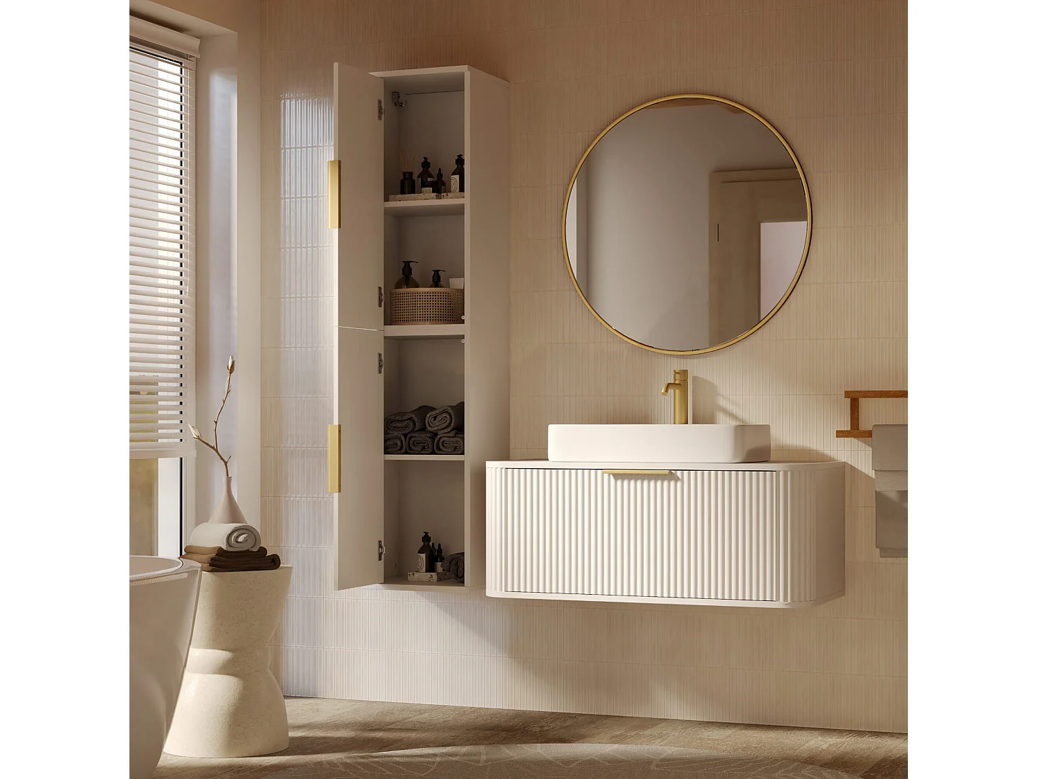 Armoire de salle de bain haute - rainurée - suspendue - 40 cm - blanc - RIVELA