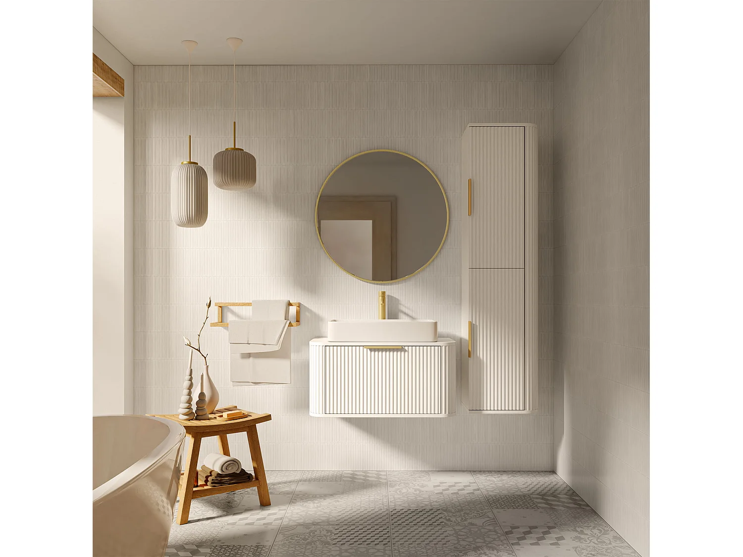 Armoire de salle de bain haute - rainurée - suspendue - 40 cm - blanc - RIVELA