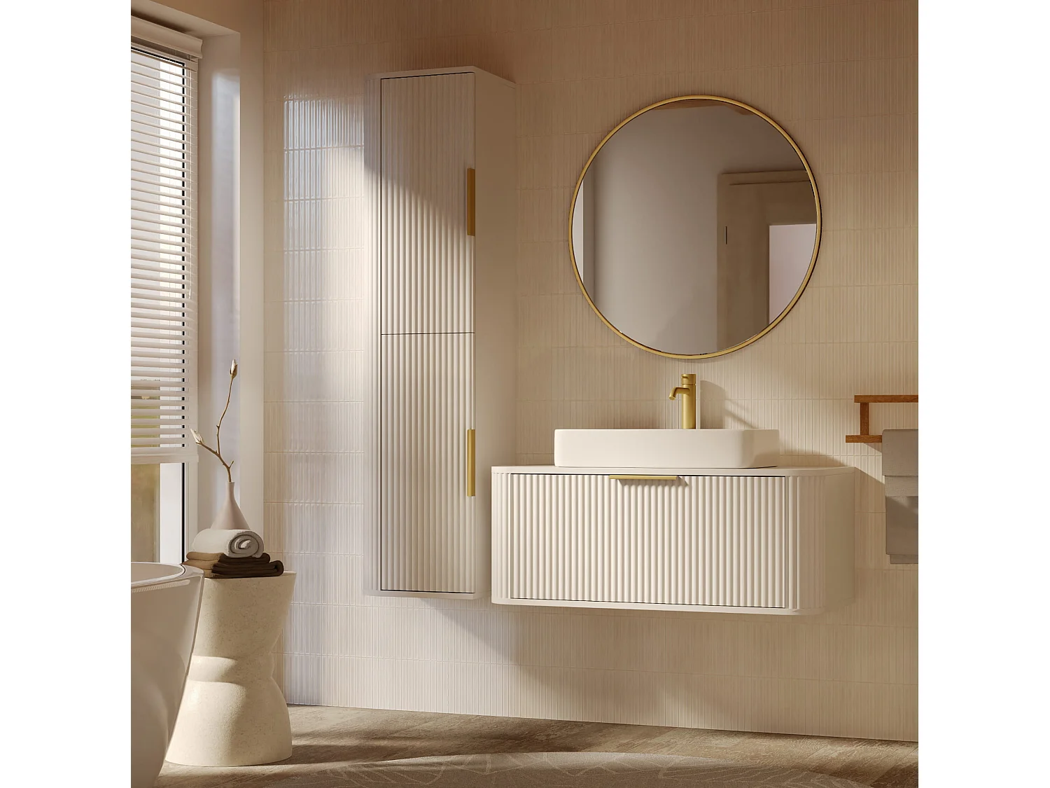 Armoire de salle de bain haute - rainurée - suspendue - 40 cm - blanc - RIVELA