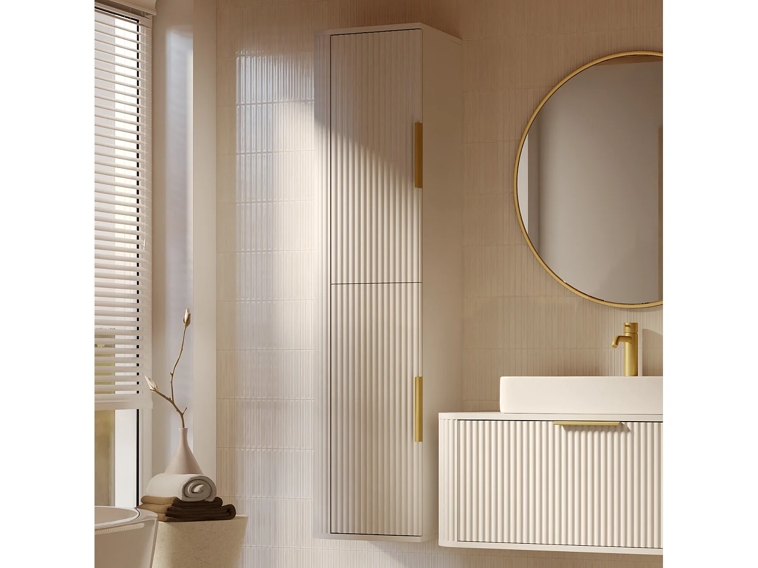 Armoire de salle de bain haute - rainurée - suspendue - 40 cm - blanc - RIVELA