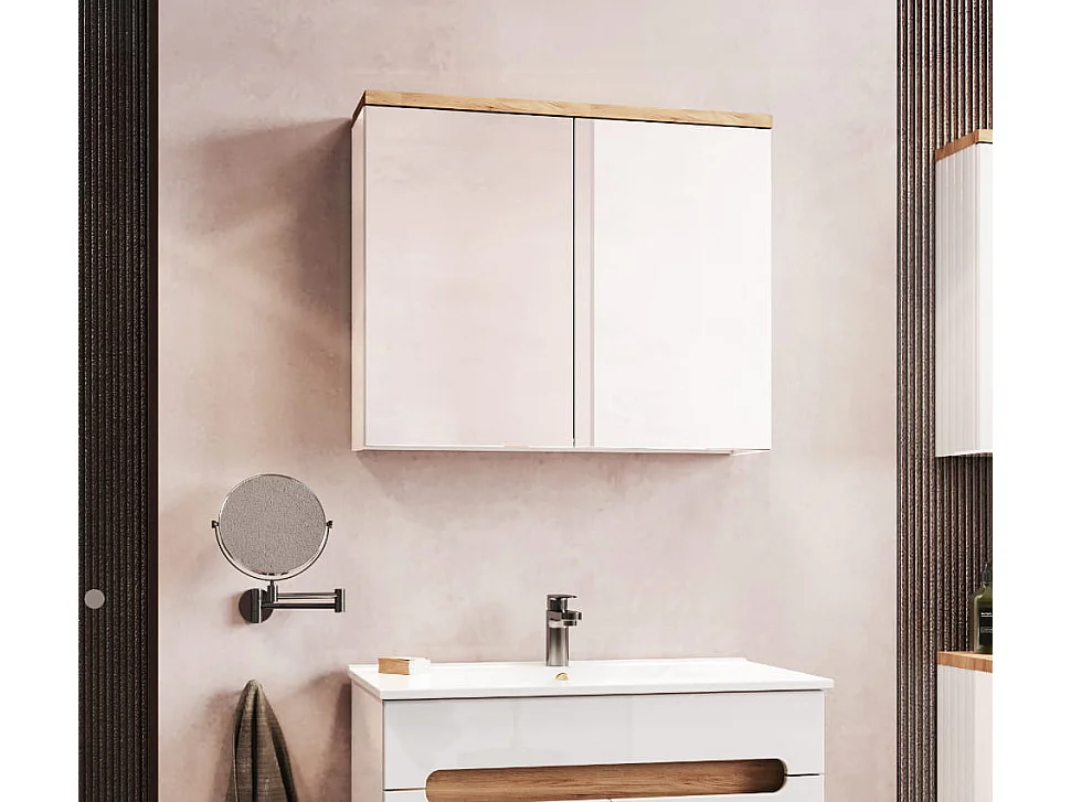 Hangende badkamerkast met spiegel - 80x65 cm - wit hoogglans + eiken craft - OVO