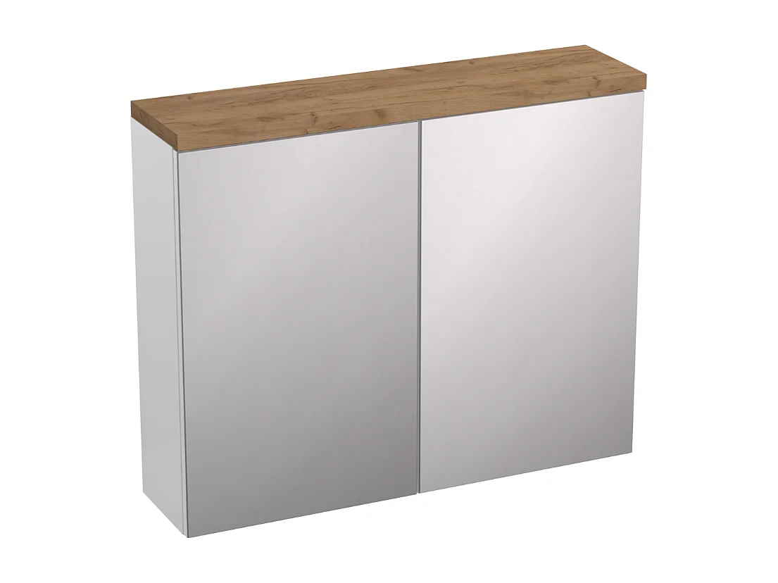 Hangende badkamerkast met spiegel - 80x65 cm - wit hoogglans + eiken craft - OVO
