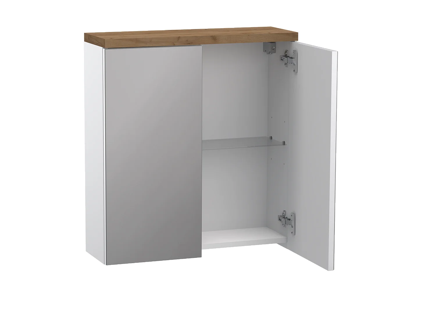 Hangende badkamerkast met spiegel - 80x65 cm - wit hoogglans + eiken craft - OVO
