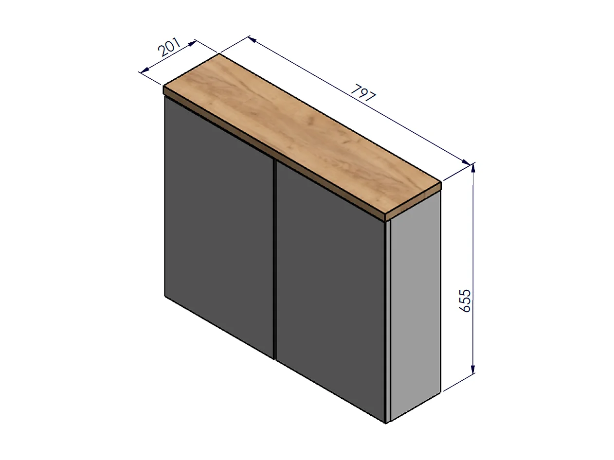Hangende badkamerkast met spiegel - 80x65 cm - wit hoogglans + eiken craft - OVO