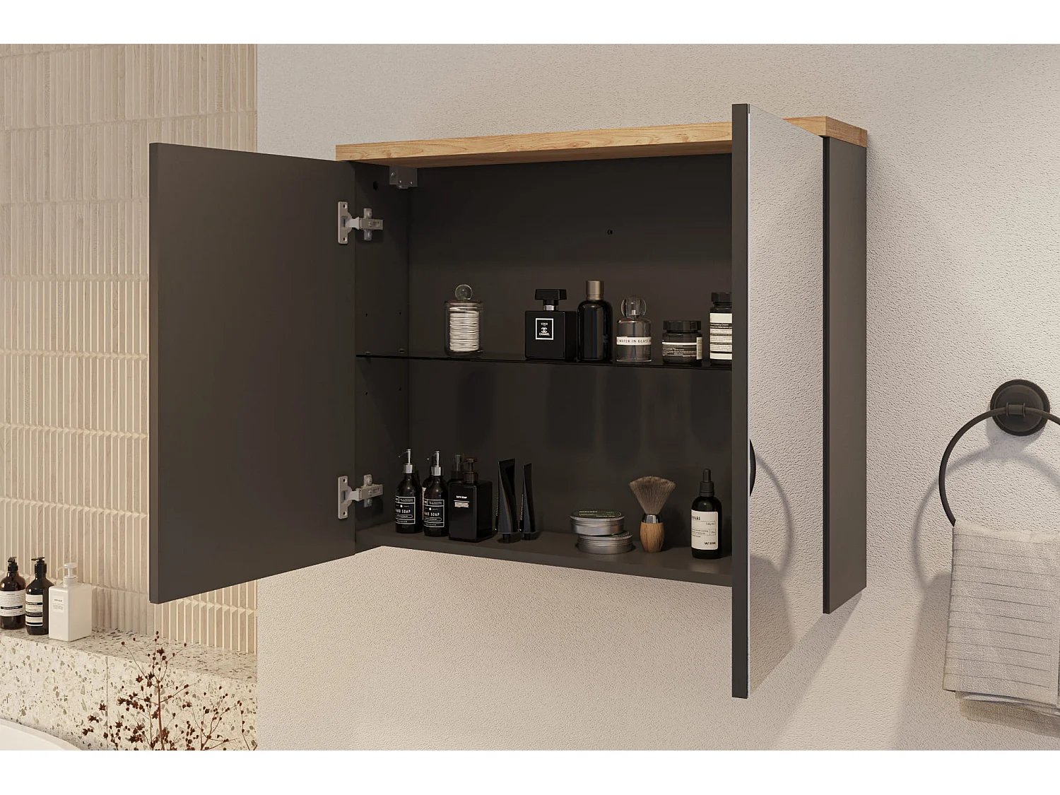 Hangende badkamerkast met spiegel - 80x65 cm - antraciet + eiken craft - OVO