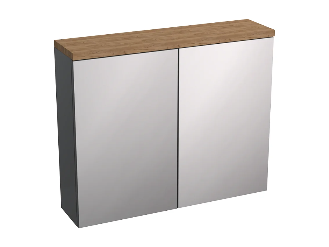 Hangende badkamerkast met spiegel - 80x65 cm - antraciet + eiken craft - OVO