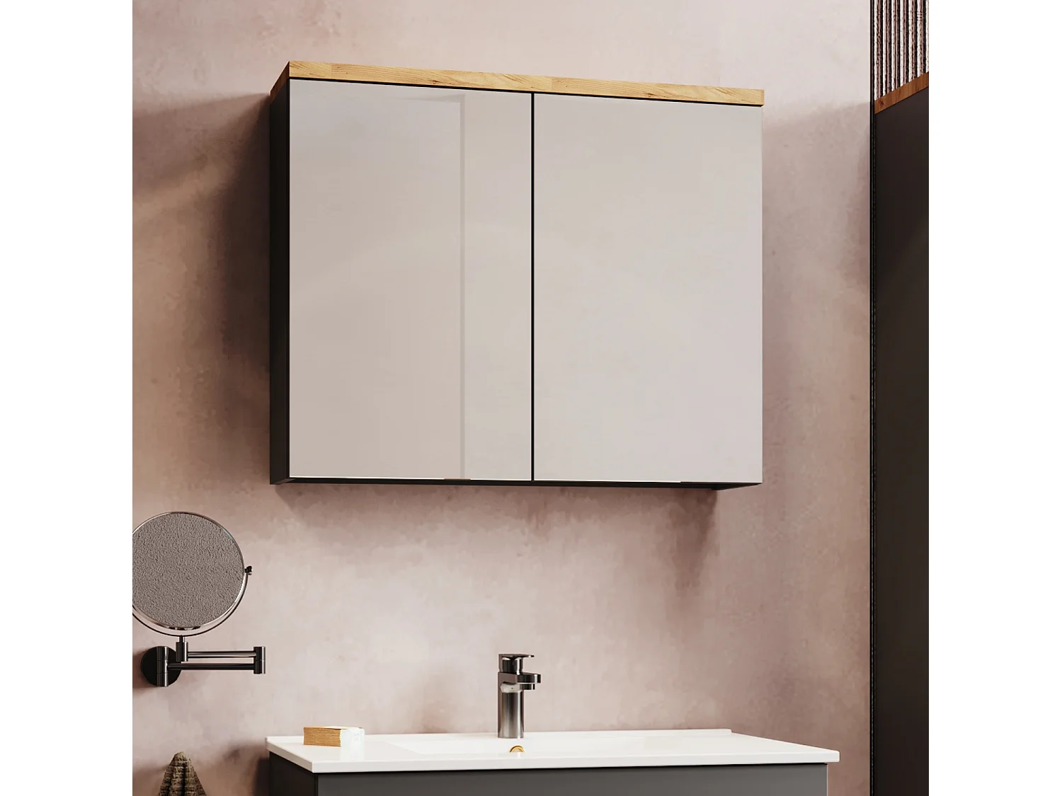 Hangende badkamerkast met spiegel - 80x65 cm - antraciet + eiken craft - OVO