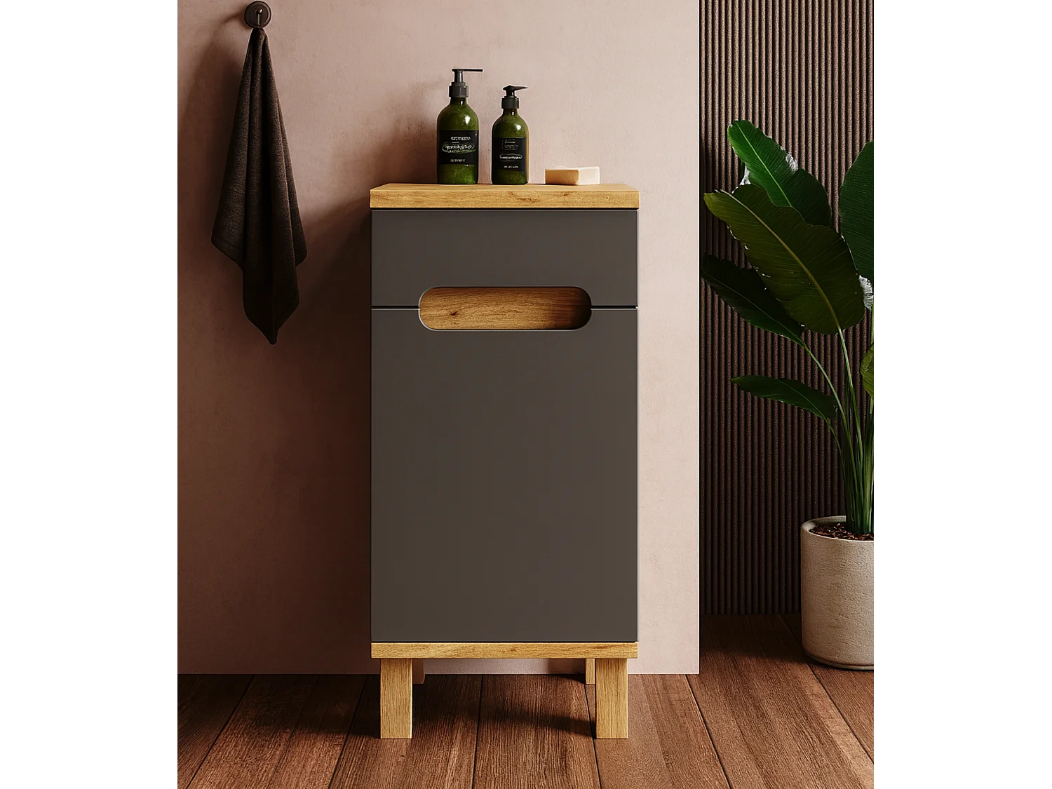 Staande badkamerkast - 35 cm - antraciet + eiken craft - OVO
