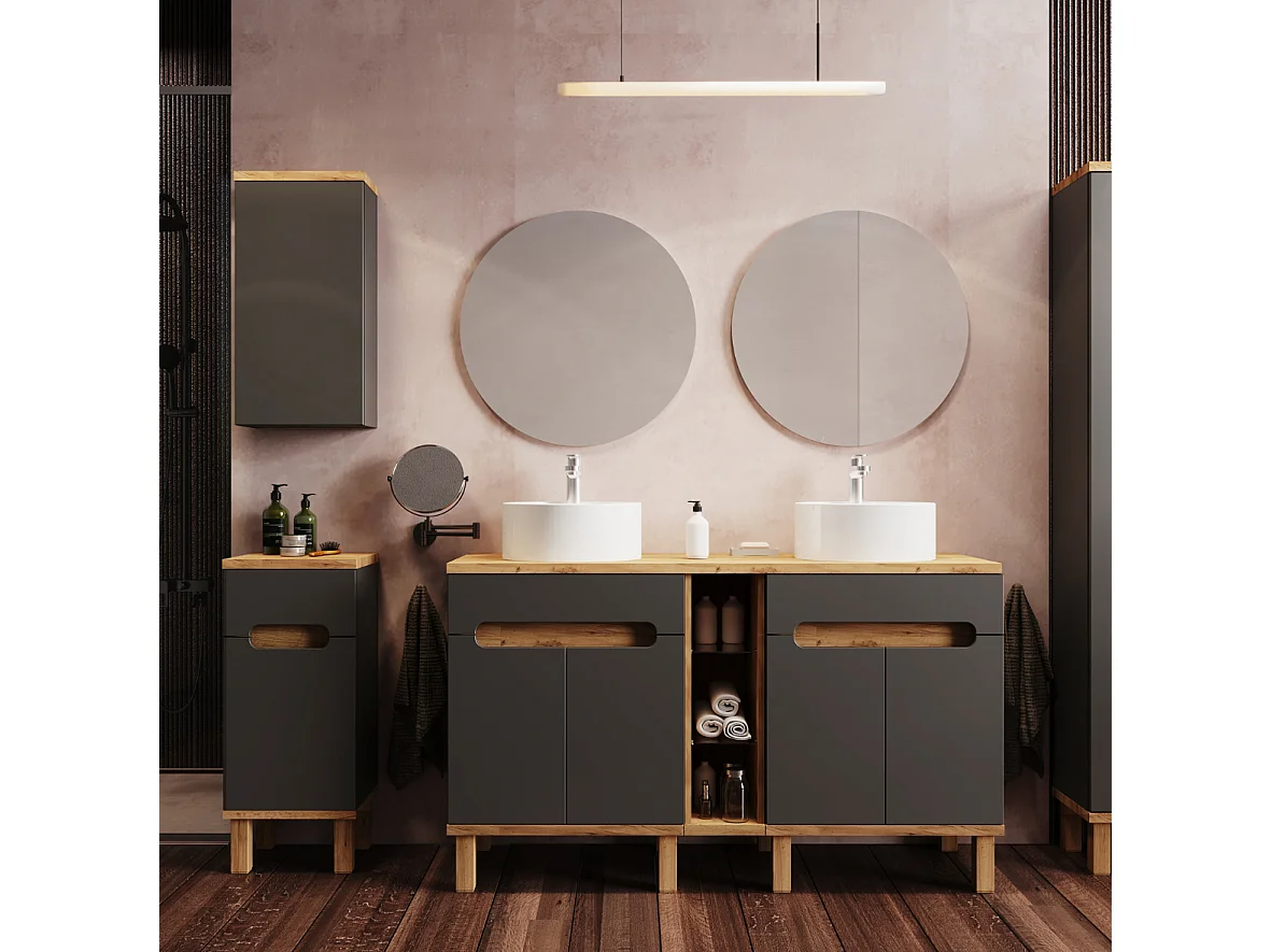 Staande badkamerkast - 35 cm - antraciet + eiken craft - OVO