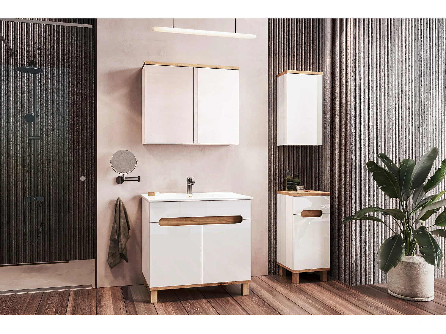 Ensemble de meubles de salle de bain - blanc brillant + chêne craft OVO