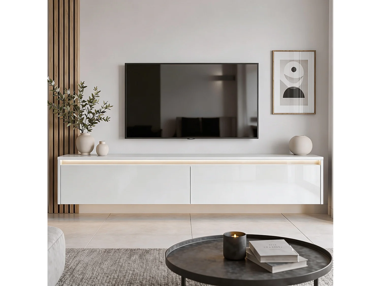 Modernes tv-lowboard - 170 cm - weiß hochglanz - led-beleuchtung - LUMI