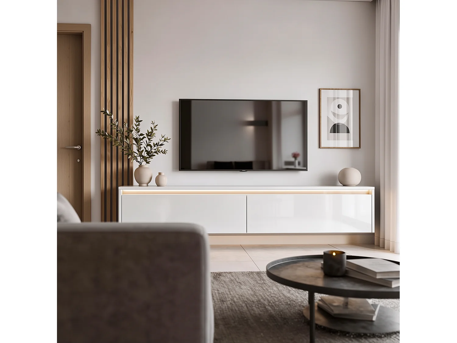 Modernes tv-lowboard - 170 cm - weiß hochglanz - led-beleuchtung - LUMI