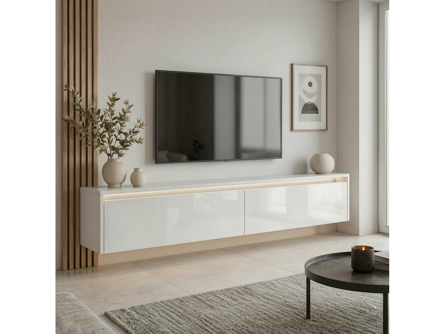 Modernes tv-lowboard - 170 cm - weiß hochglanz - led-beleuchtung - LUMI