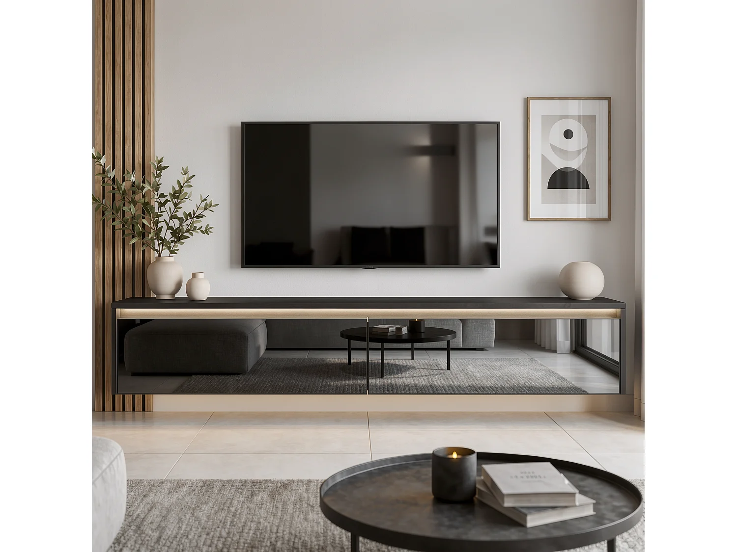Modernes tv-lowboard - 170 cm - schwarz hochglanz - led-beleuchtung - LUMI