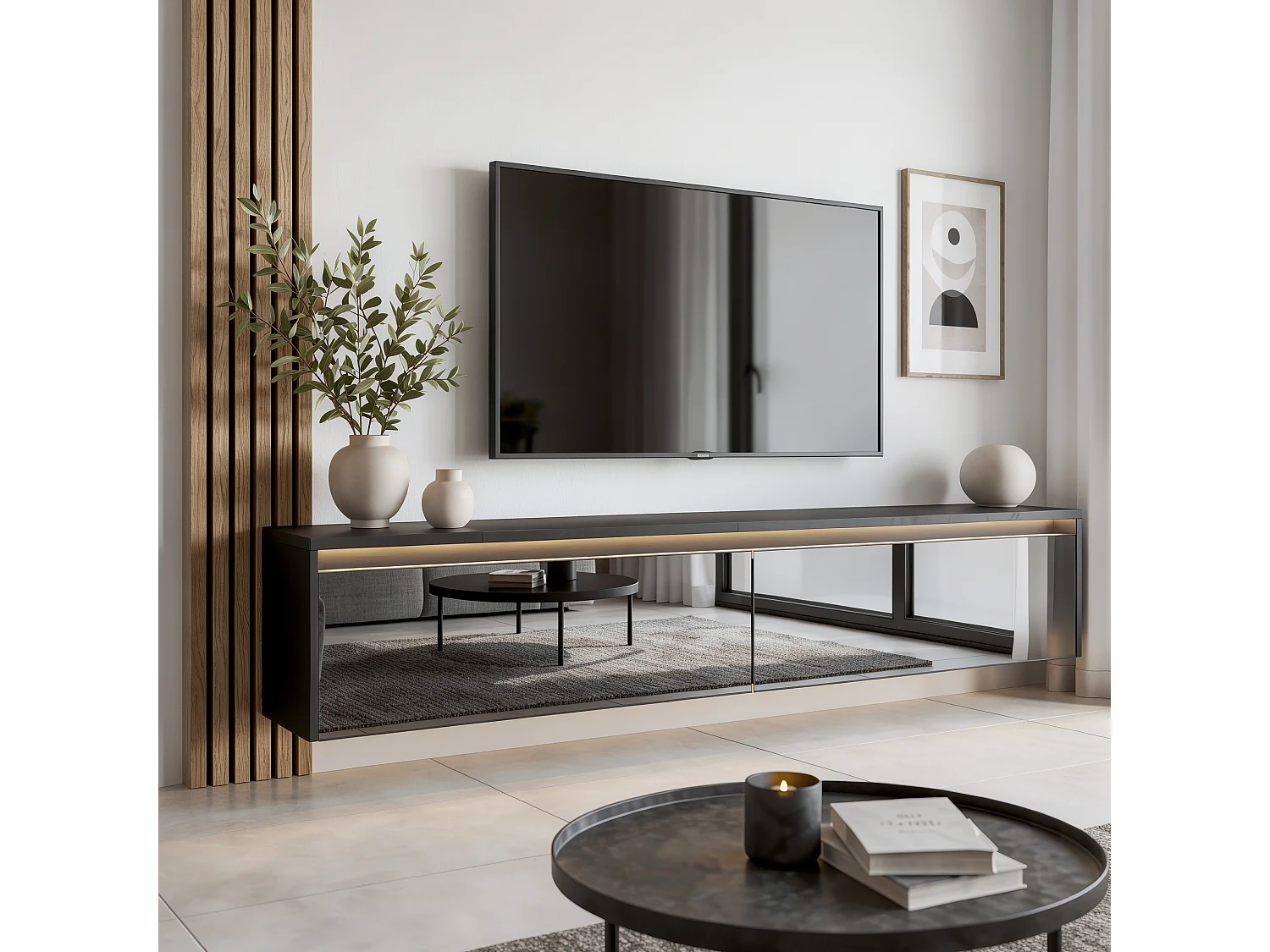 Modernes tv-lowboard - 170 cm - schwarz hochglanz - led-beleuchtung - LUMI