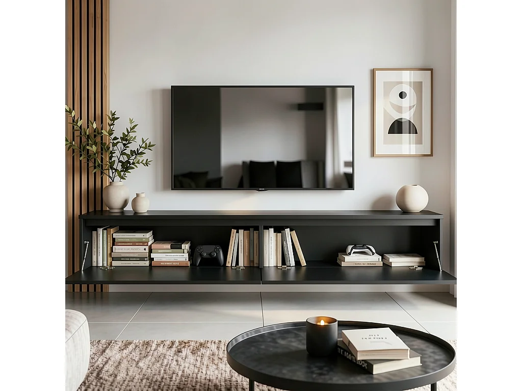 Modernes tv-lowboard - 170 cm - schwarz hochglanz - led-beleuchtung - LUMI