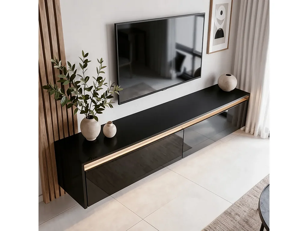 Modernes tv-lowboard - 170 cm - schwarz hochglanz - led-beleuchtung - LUMI