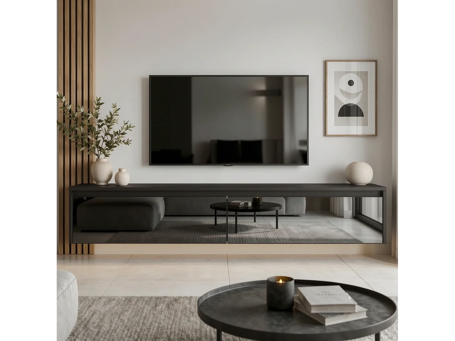 Modernes tv-lowboard - 170 cm - schwarz hochglanz - led-beleuchtung - LUMI