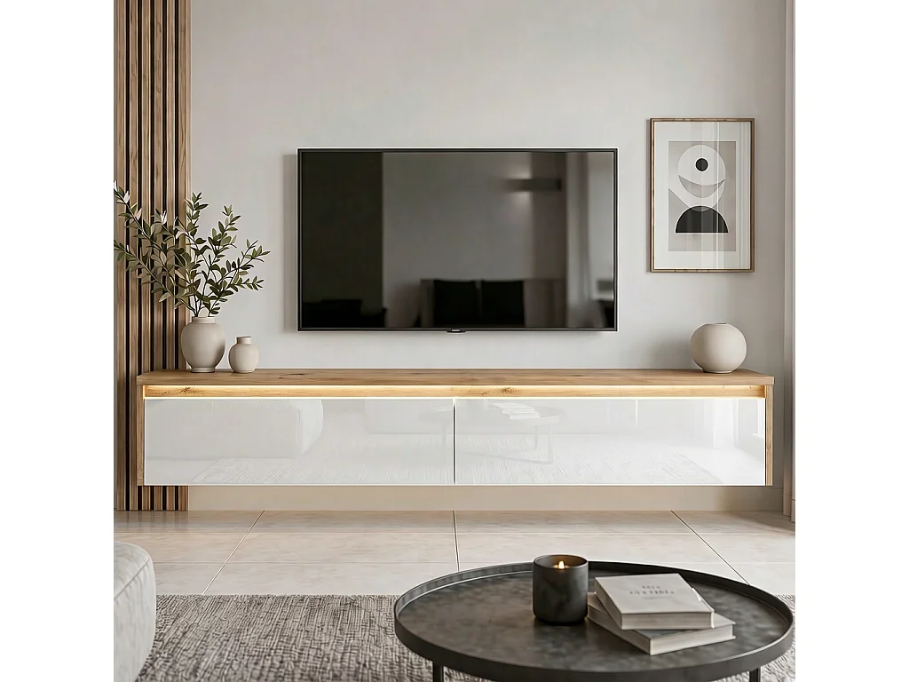 Modernes tv-lowboard - 170 cm - eiche artisan / weiß hochglanz - led-beleuchtung - LUMI
