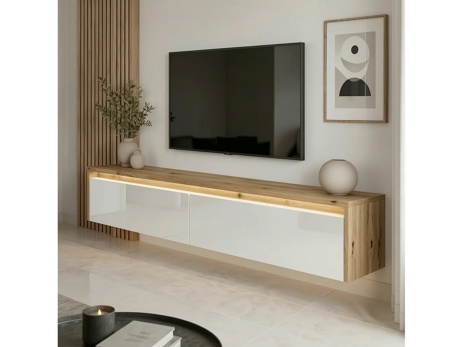Modernes tv-lowboard - 170 cm - eiche artisan / weiß hochglanz - led-beleuchtung - LUMI
