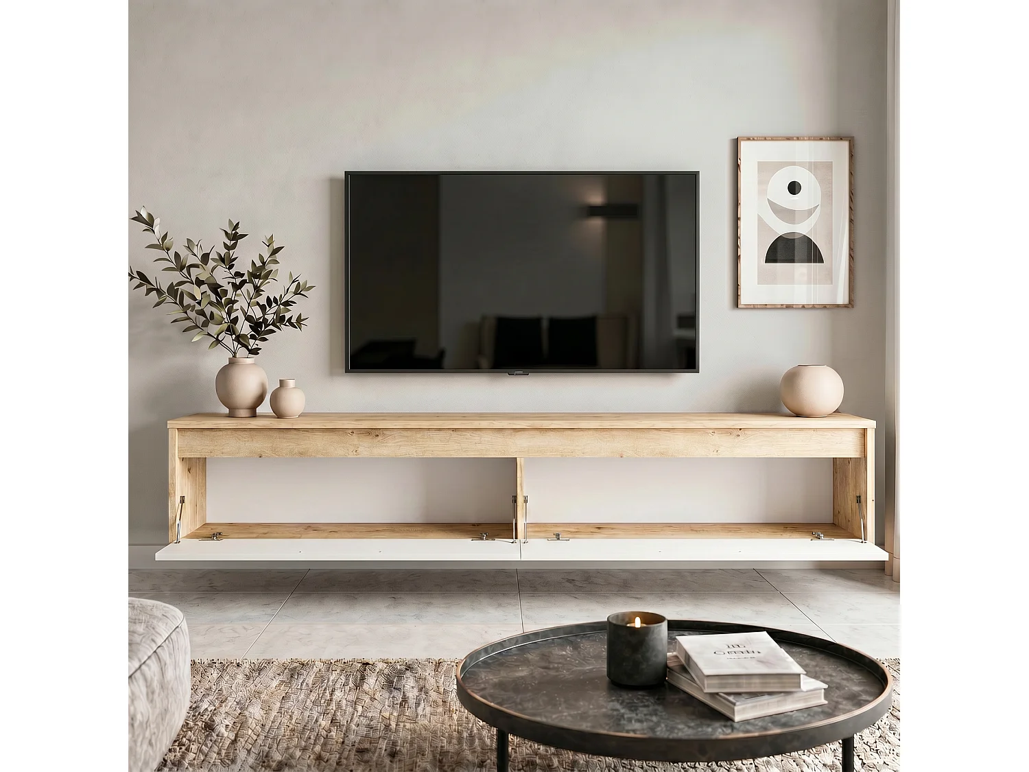 Modernes tv-lowboard - 170 cm - eiche artisan / weiß hochglanz - led-beleuchtung - LUMI