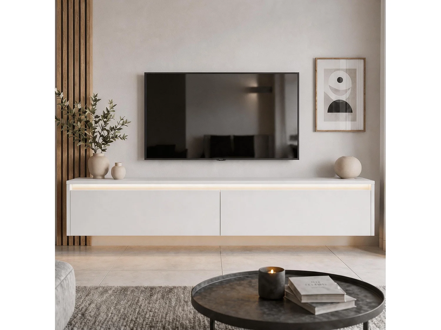 Modernes TV-Lowboard -170 cm - Weiß Matt - LED-Beleuchtung - LUMI