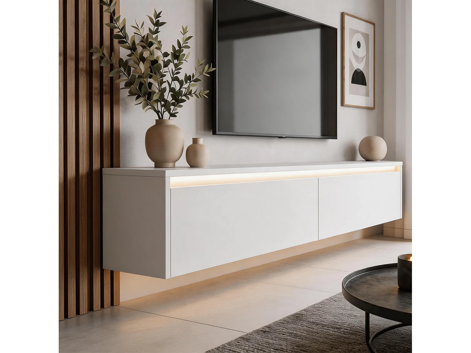 Modernes TV-Lowboard -170 cm - Weiß Matt - LED-Beleuchtung - LUMI