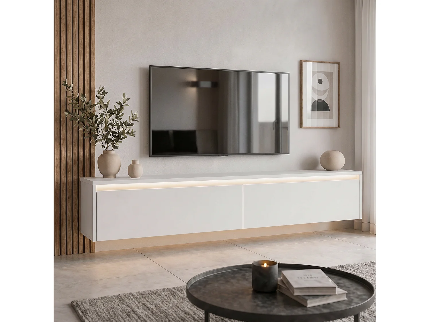 Modernes TV-Lowboard -170 cm - Weiß Matt - LED-Beleuchtung - LUMI