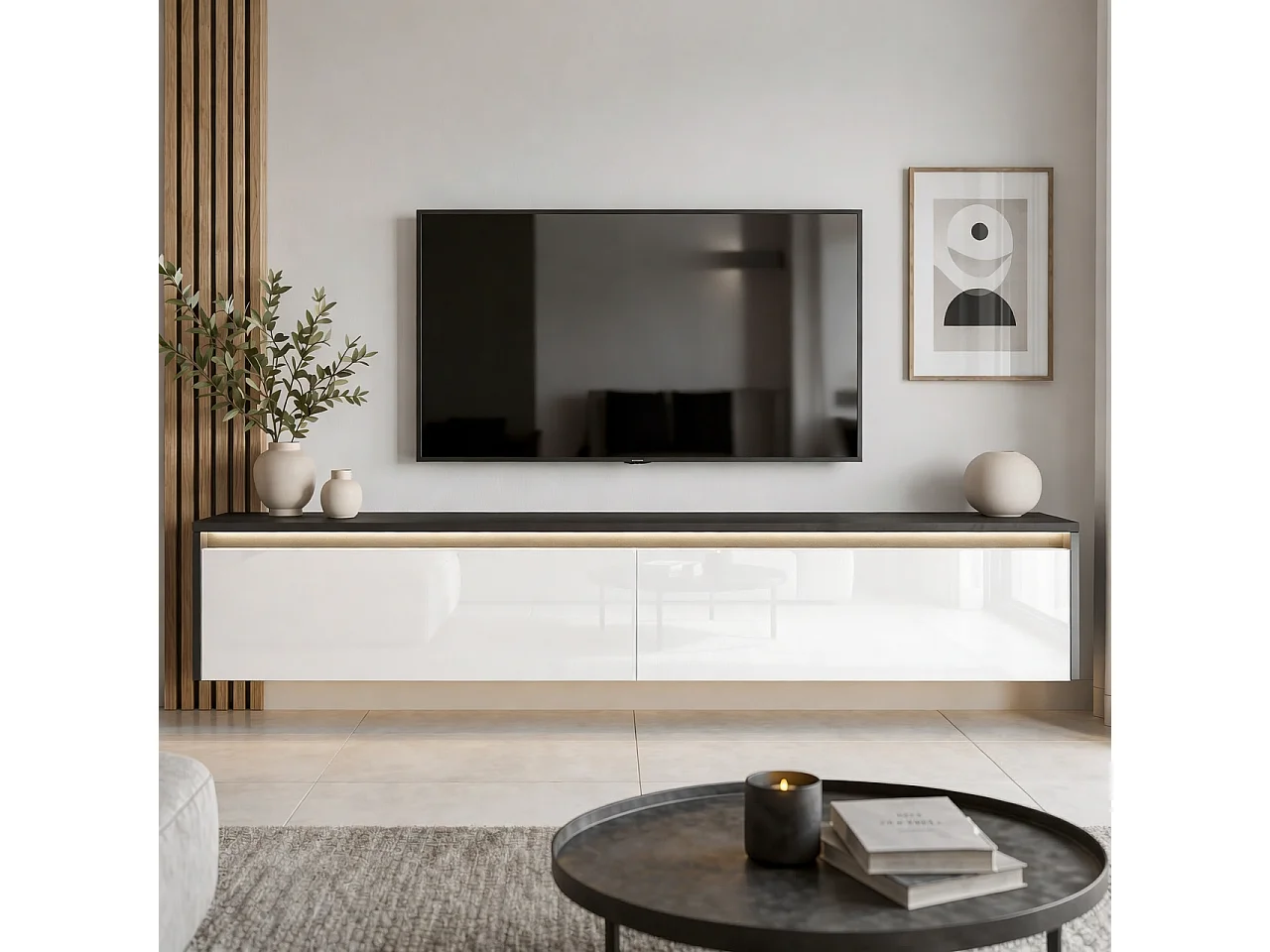 Modernes tv-lowboard - 170 cm - schwarz / weiß hochglanz - led-beleuchtung - LUMI