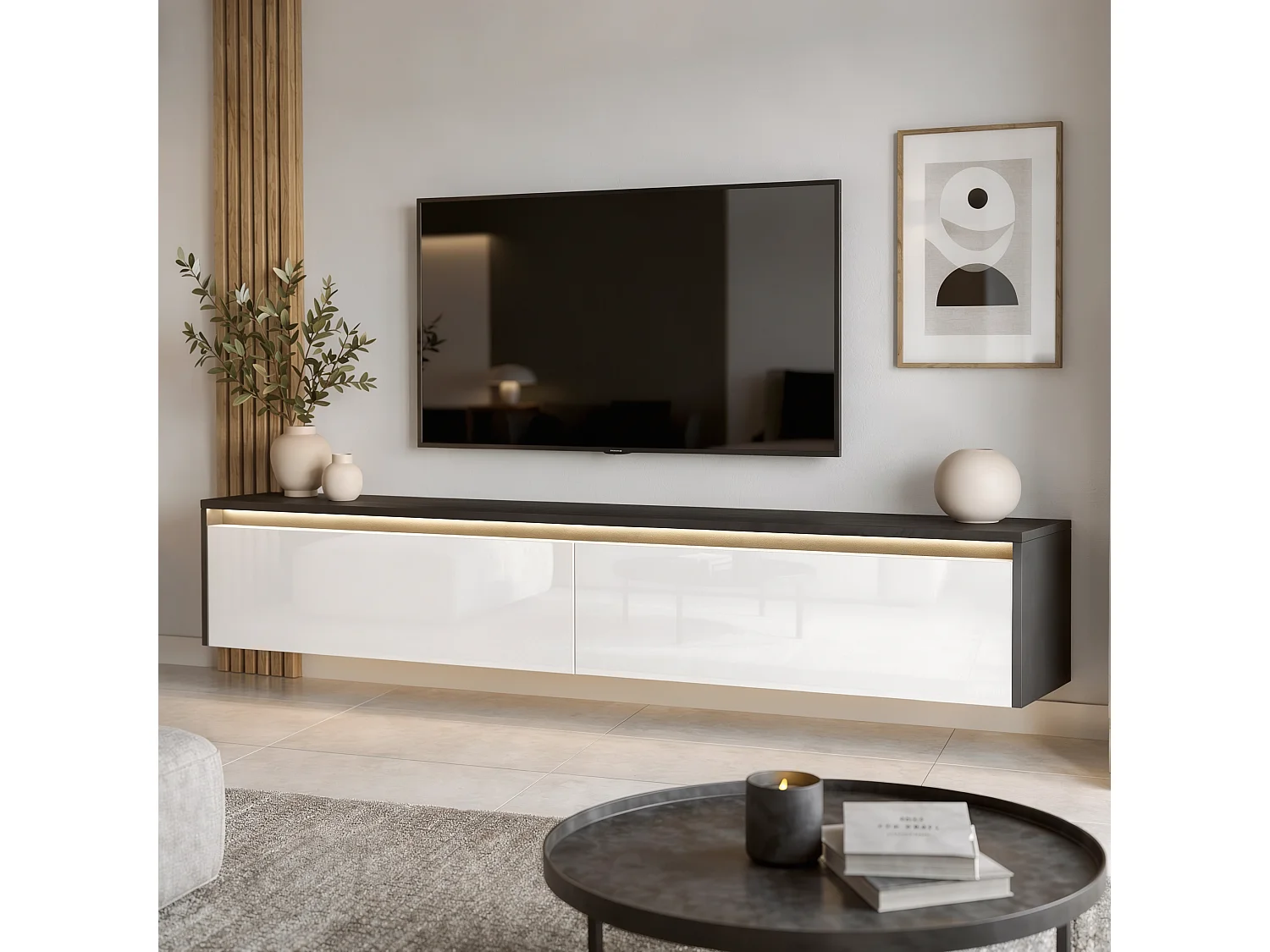 Modernes tv-lowboard - 170 cm - schwarz / weiß hochglanz - led-beleuchtung - LUMI