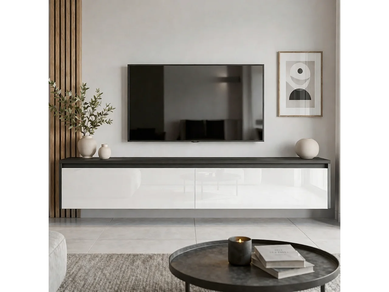 Modernes tv-lowboard - 170 cm - schwarz / weiß hochglanz - led-beleuchtung - LUMI