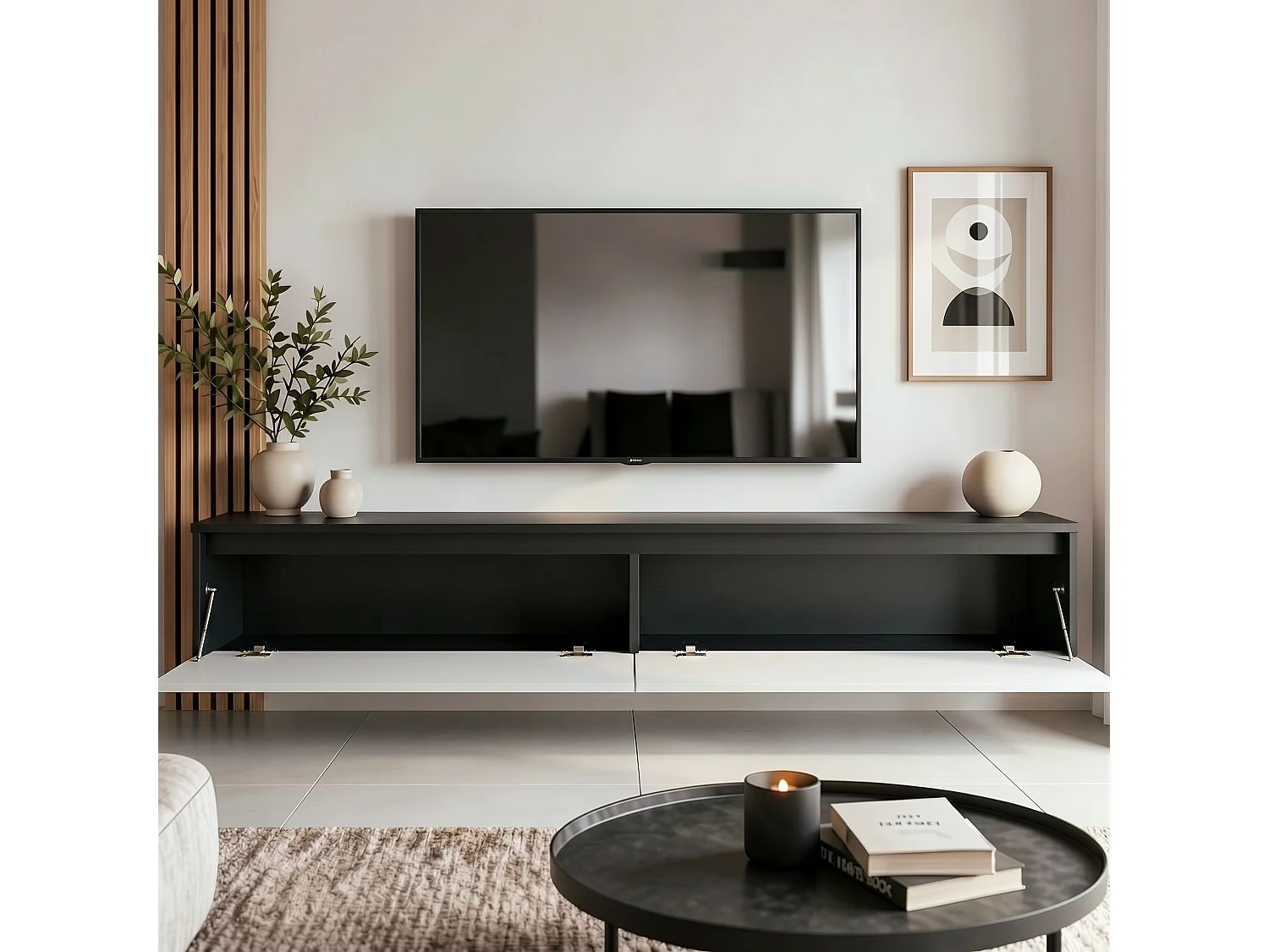 Modernes tv-lowboard - 170 cm - schwarz / weiß hochglanz - led-beleuchtung - LUMI