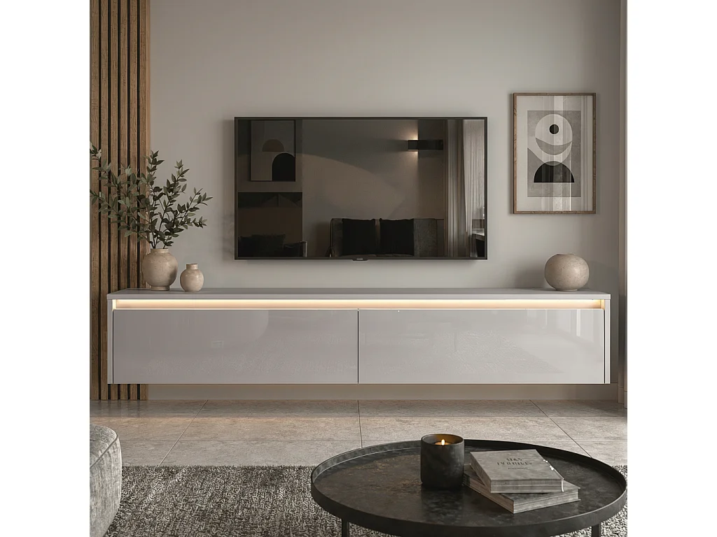 Modernes tv-lowboard - 170 cm - kaschmir hochglanz - led-beleuchtung - LUMI