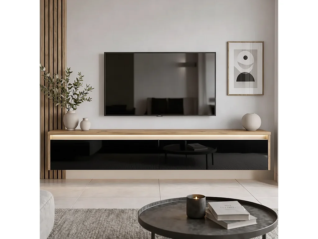 Modernes tv-lowboard - 170 cm - eiche artisan / schwarz hochglanz - led-beleuchtung - LUMI