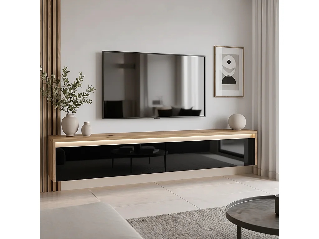 Modernes tv-lowboard - 170 cm - eiche artisan / schwarz hochglanz - led-beleuchtung - LUMI