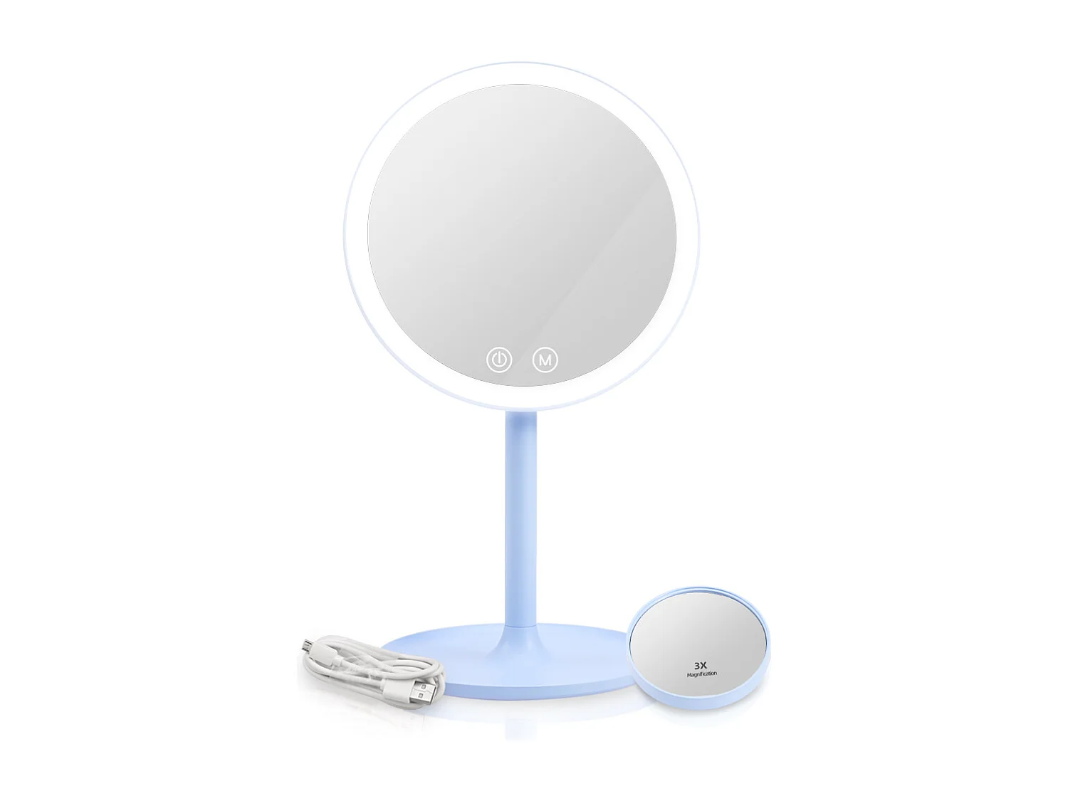 EMKE LED Miroir de Maquillage Rond avec Interrupteur Tactile Dimmable 3 Couleurs claires, grossissement 1/3x, Bleu
