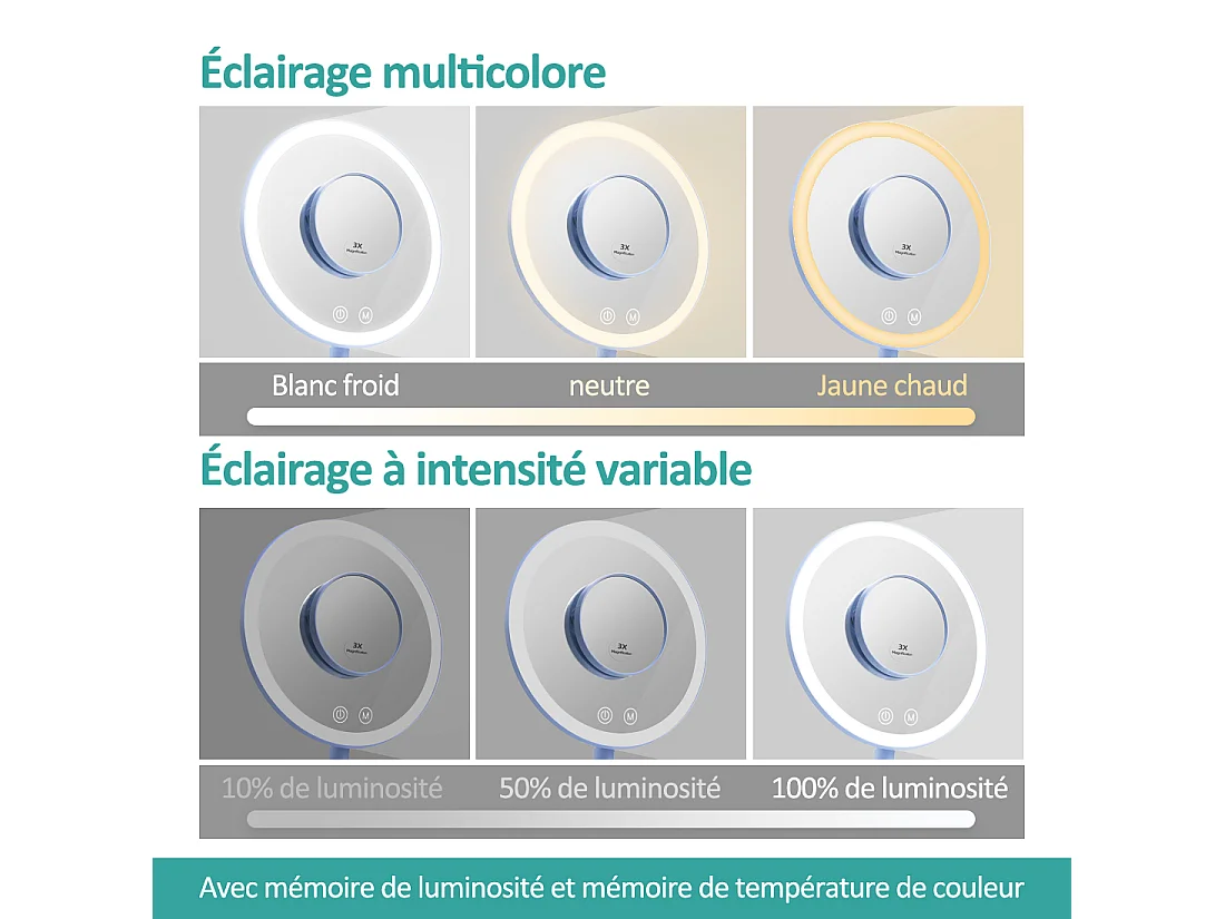 EMKE LED Miroir de Maquillage Rond avec Interrupteur Tactile Dimmable 3 Couleurs claires, grossissement 1/3x, Bleu