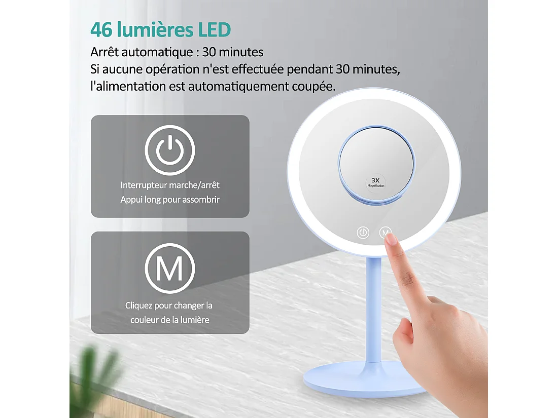 EMKE LED Miroir de Maquillage Rond avec Interrupteur Tactile Dimmable 3 Couleurs claires, grossissement 1/3x, Bleu